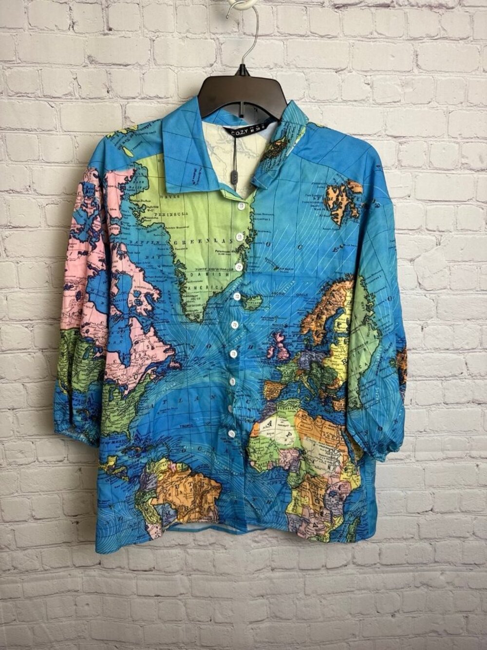C.O.Z.Y map printed bright pastel novelty button down unisex top New